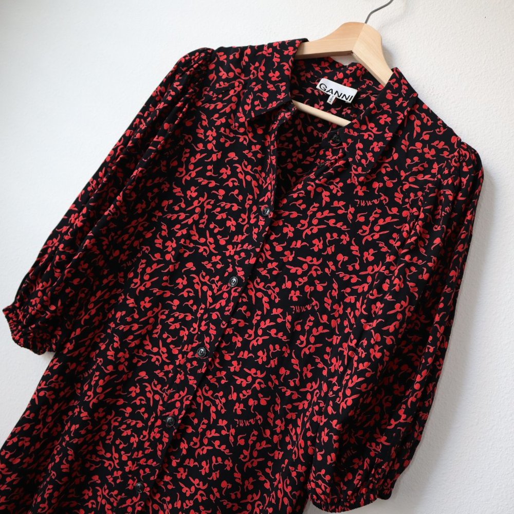 Ganni Red and Black Floral Midi Dress - Picture 12 of 12